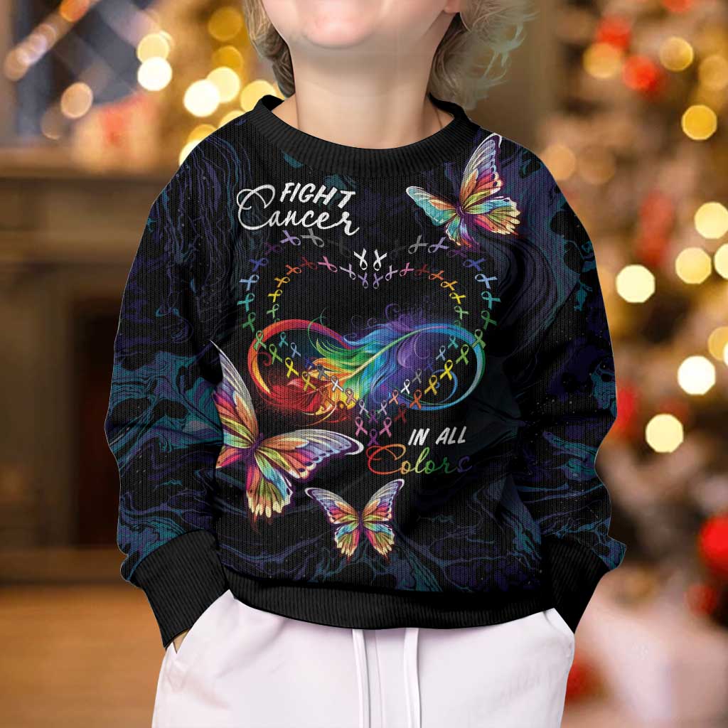 Fight Cancer In All Colors Kid Ugly Christmas Sweater Whimsical Butterflies - Wonder Print Shop