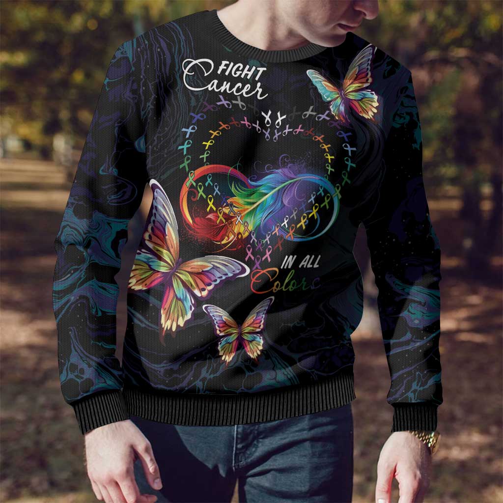 Fight Cancer In All Colors Ugly Christmas Sweater Whimsical Butterflies - Wonder Print Shop