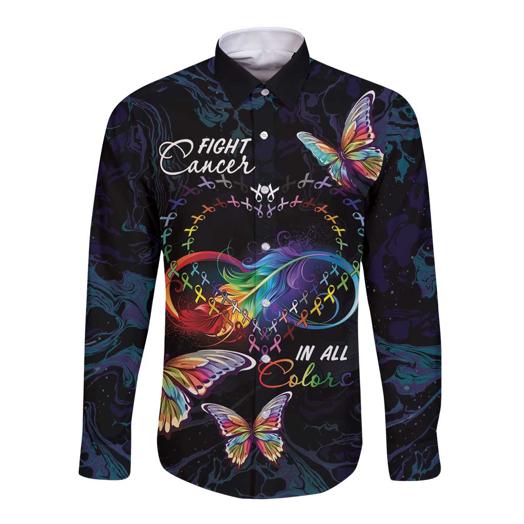 Fight Cancer In All Colors Long Sleeve Button Shirt Whimsical Butterflies - Wonder Print Shop