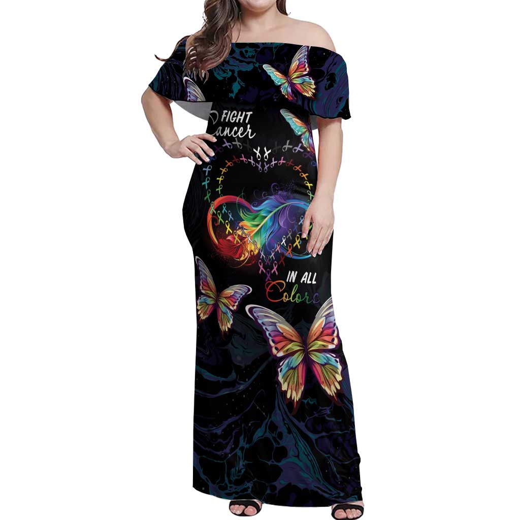 Fight Cancer In All Colors Off Shoulder Maxi Dress Whimsical Butterflies - Wonder Print Shop