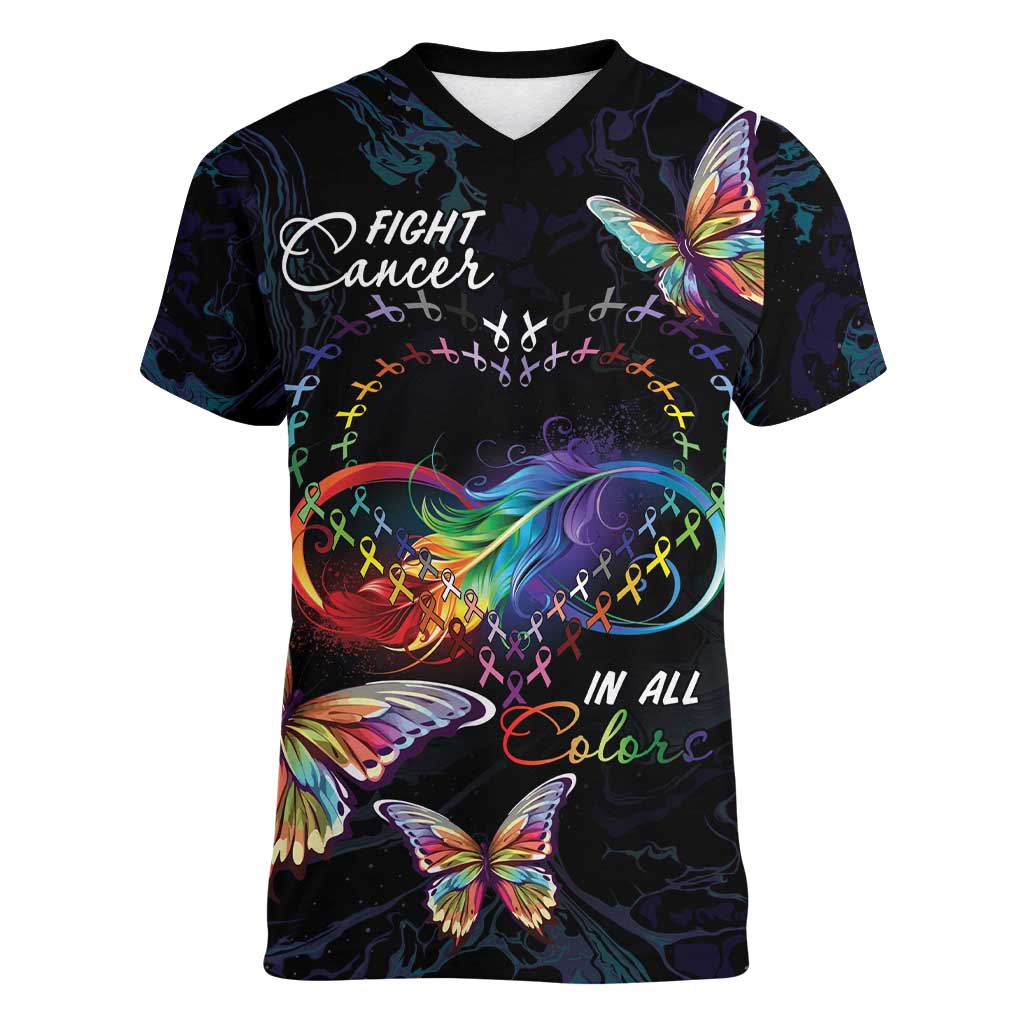 Fight Cancer In All Colors Women V-Neck T-Shirt Whimsical Butterflies - Wonder Print Shop