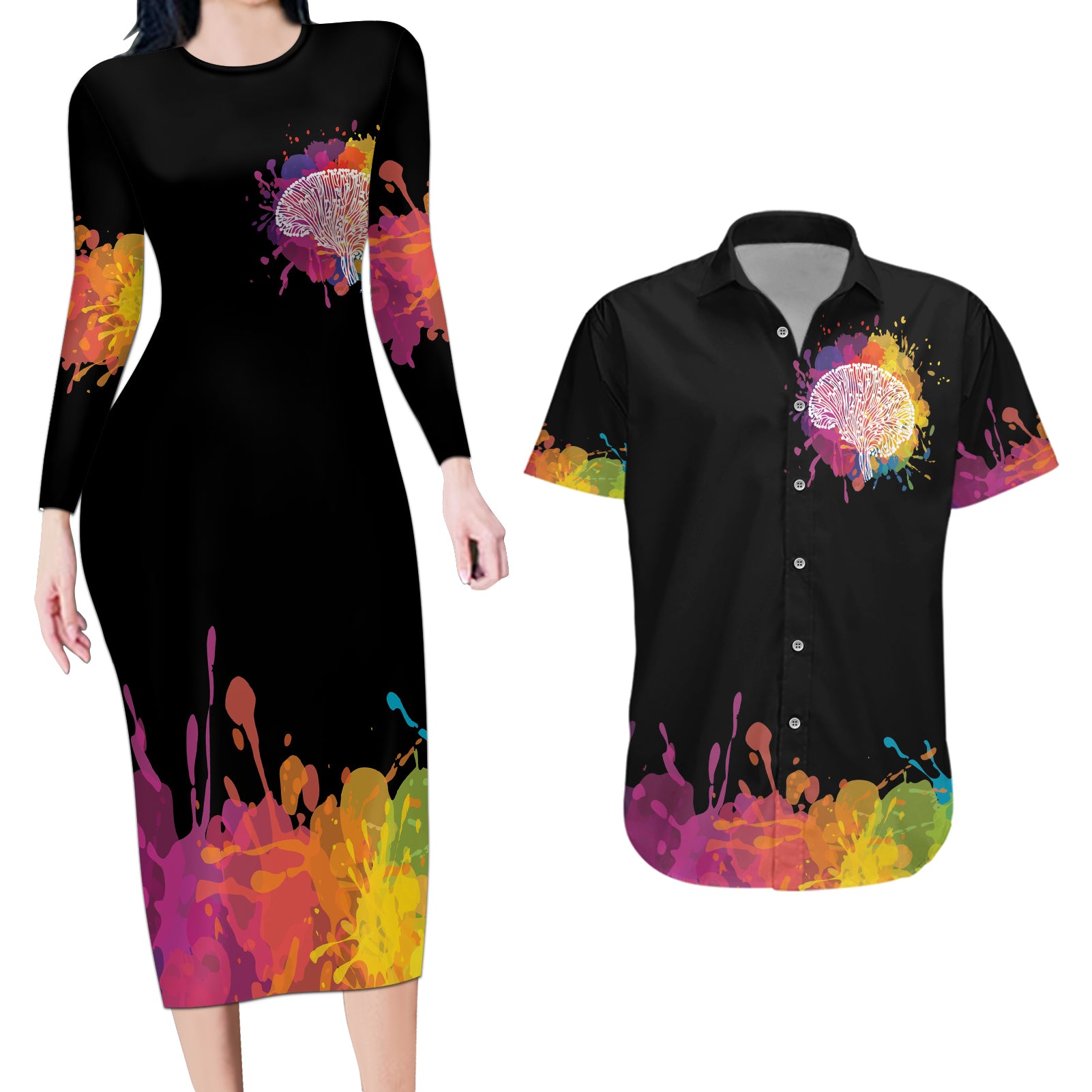 Autism Wired Differently Colors Splash Couples Matching Long Sleeve Bodycon Dress and Hawaiian Shirt LT7 - Wonder Print Shop