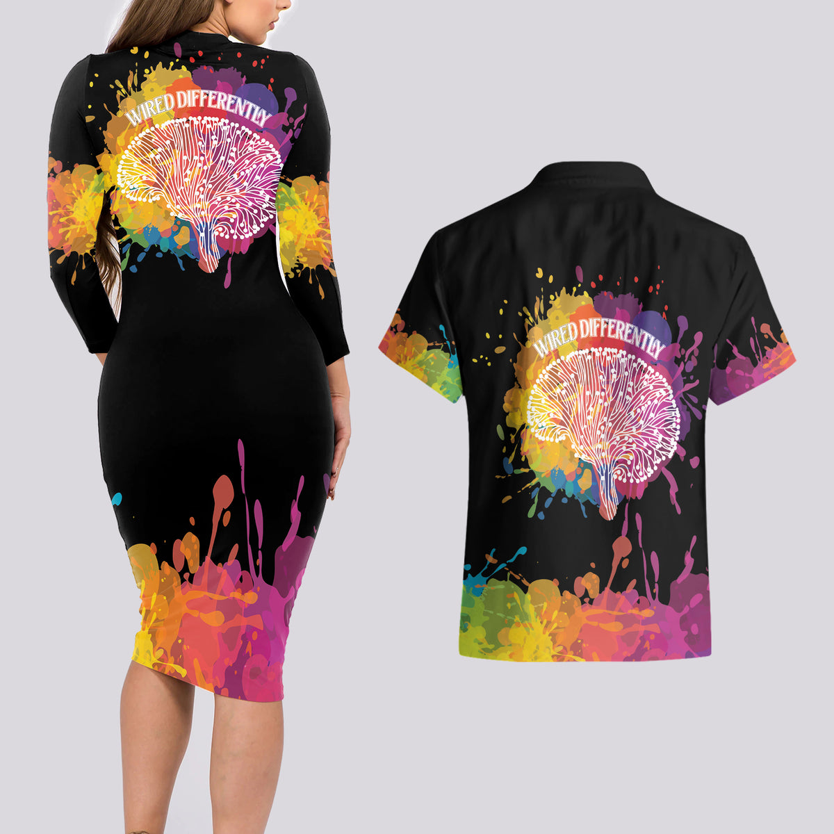 Autism Wired Differently Colors Splash Couples Matching Long Sleeve Bodycon Dress and Hawaiian Shirt LT7 - Wonder Print Shop