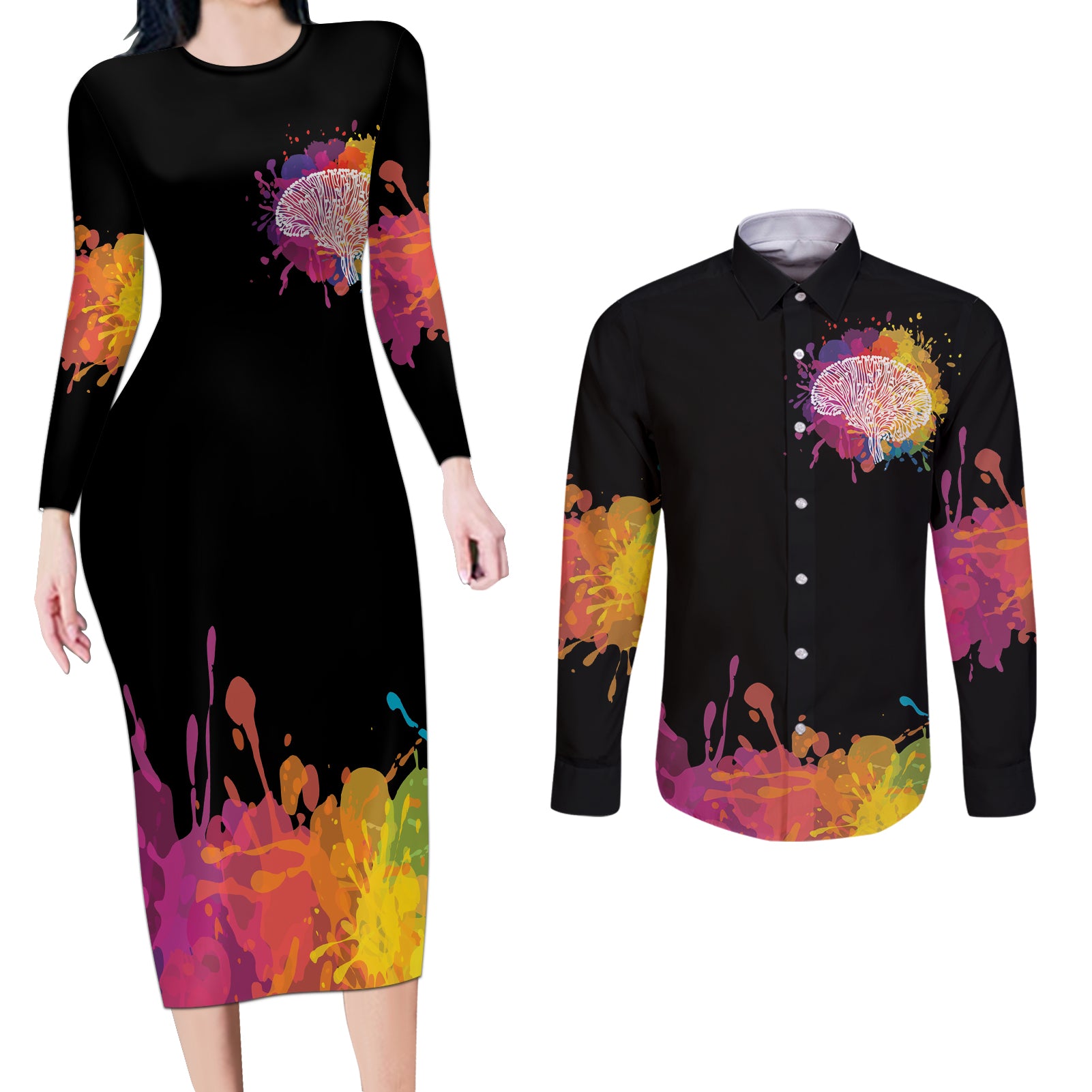 Autism Wired Differently Colors Splash Couples Matching Long Sleeve Bodycon Dress and Long Sleeve Button Shirt LT7 - Wonder Print Shop
