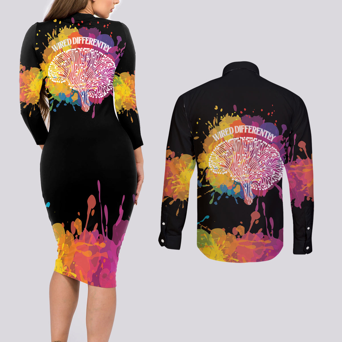 Autism Wired Differently Colors Splash Couples Matching Long Sleeve Bodycon Dress and Long Sleeve Button Shirt LT7 - Wonder Print Shop