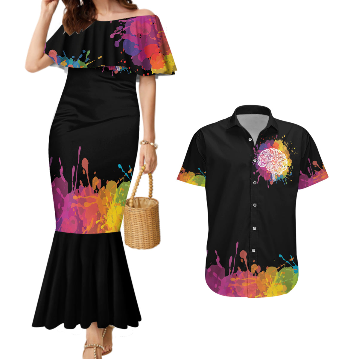 Autism Wired Differently Colors Splash Couples Matching Mermaid Dress and Hawaiian Shirt LT7 - Wonder Print Shop
