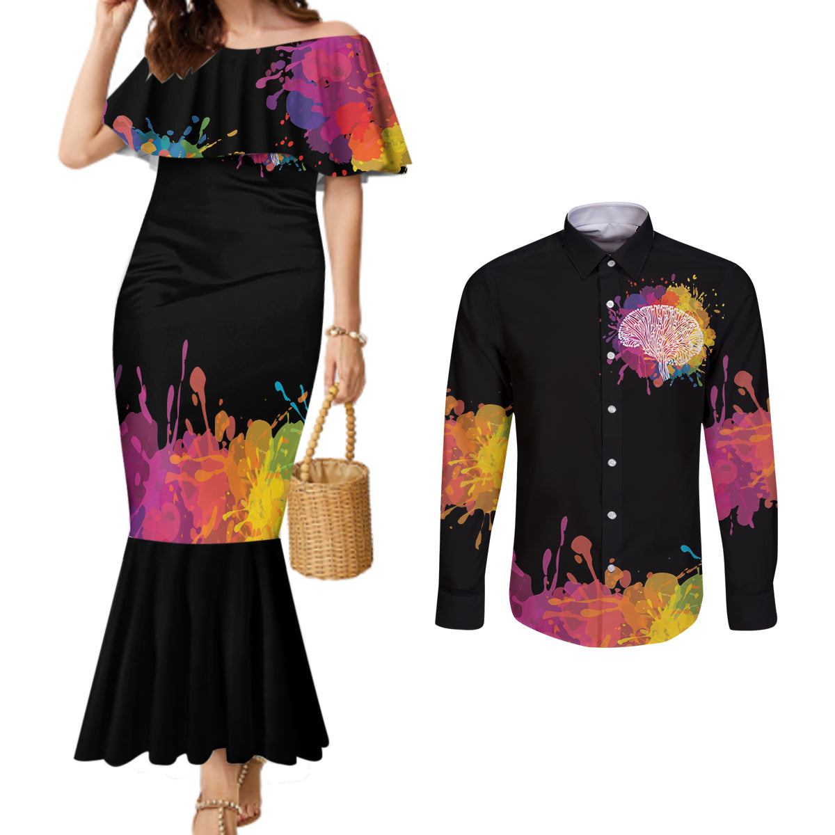 Autism Wired Differently Colors Splash Couples Matching Mermaid Dress and Long Sleeve Button Shirt