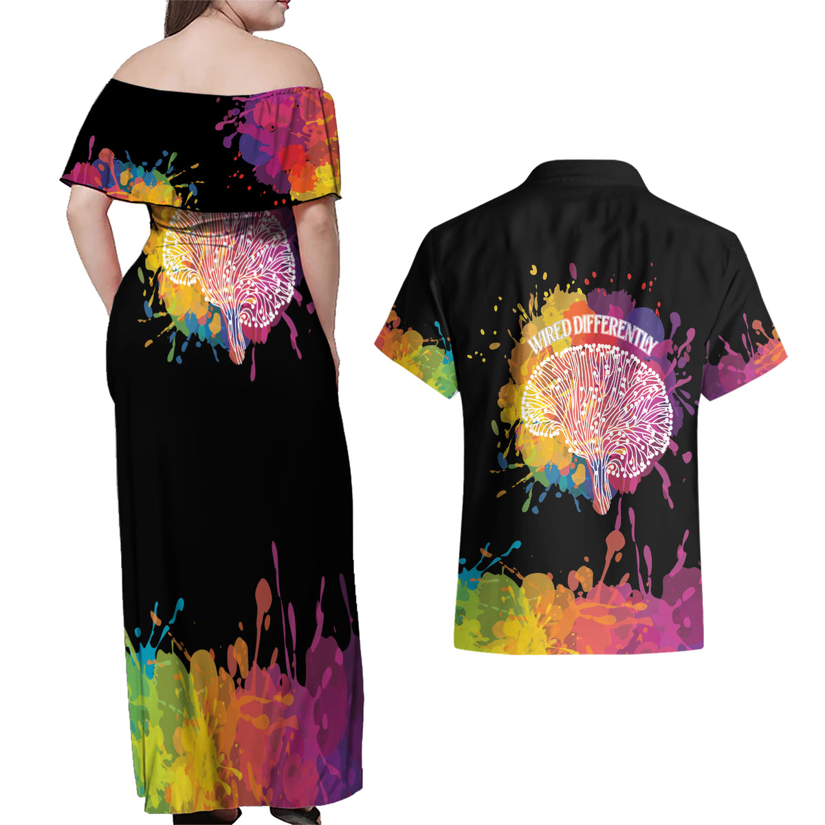 Autism Wired Differently Colors Splash Couples Matching Off Shoulder Maxi Dress and Hawaiian Shirt LT7 - Wonder Print Shop