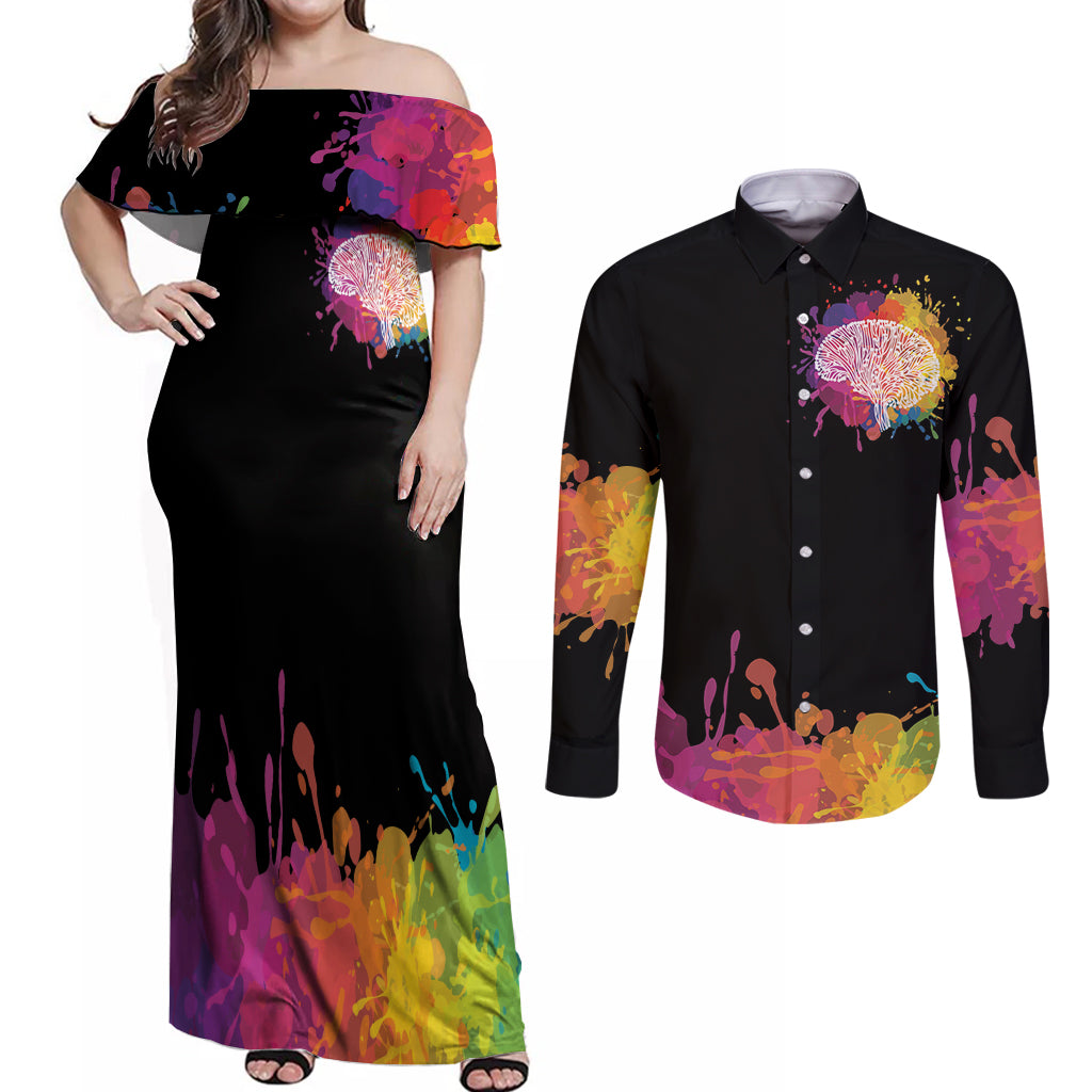Autism Wired Differently Colors Splash Couples Matching Off Shoulder Maxi Dress and Long Sleeve Button Shirt LT7 - Wonder Print Shop