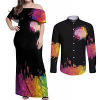 Autism Wired Differently Colors Splash Couples Matching Off Shoulder Maxi Dress and Long Sleeve Button Shirt LT7 - Wonder Print Shop