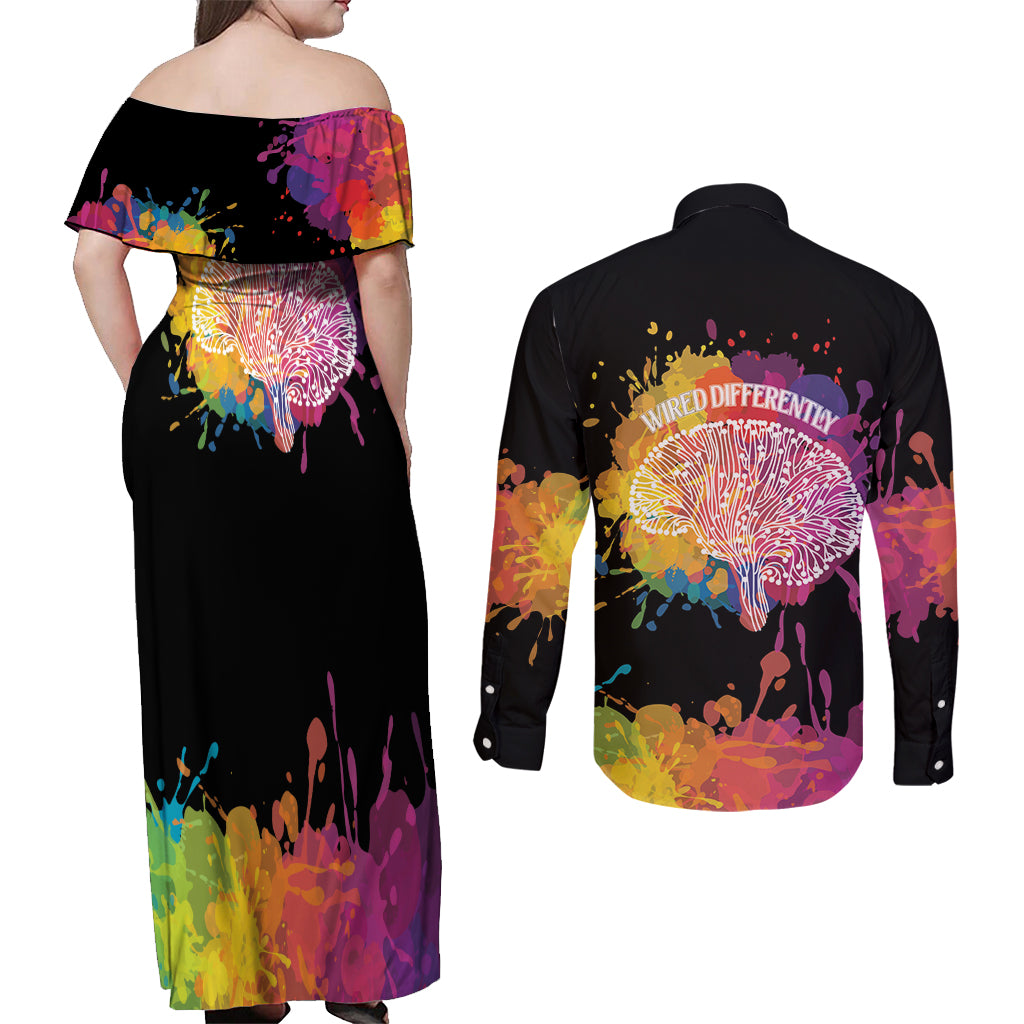 Autism Wired Differently Colors Splash Couples Matching Off Shoulder Maxi Dress and Long Sleeve Button Shirt LT7 - Wonder Print Shop