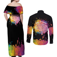 Autism Wired Differently Colors Splash Couples Matching Off Shoulder Maxi Dress and Long Sleeve Button Shirt LT7 - Wonder Print Shop