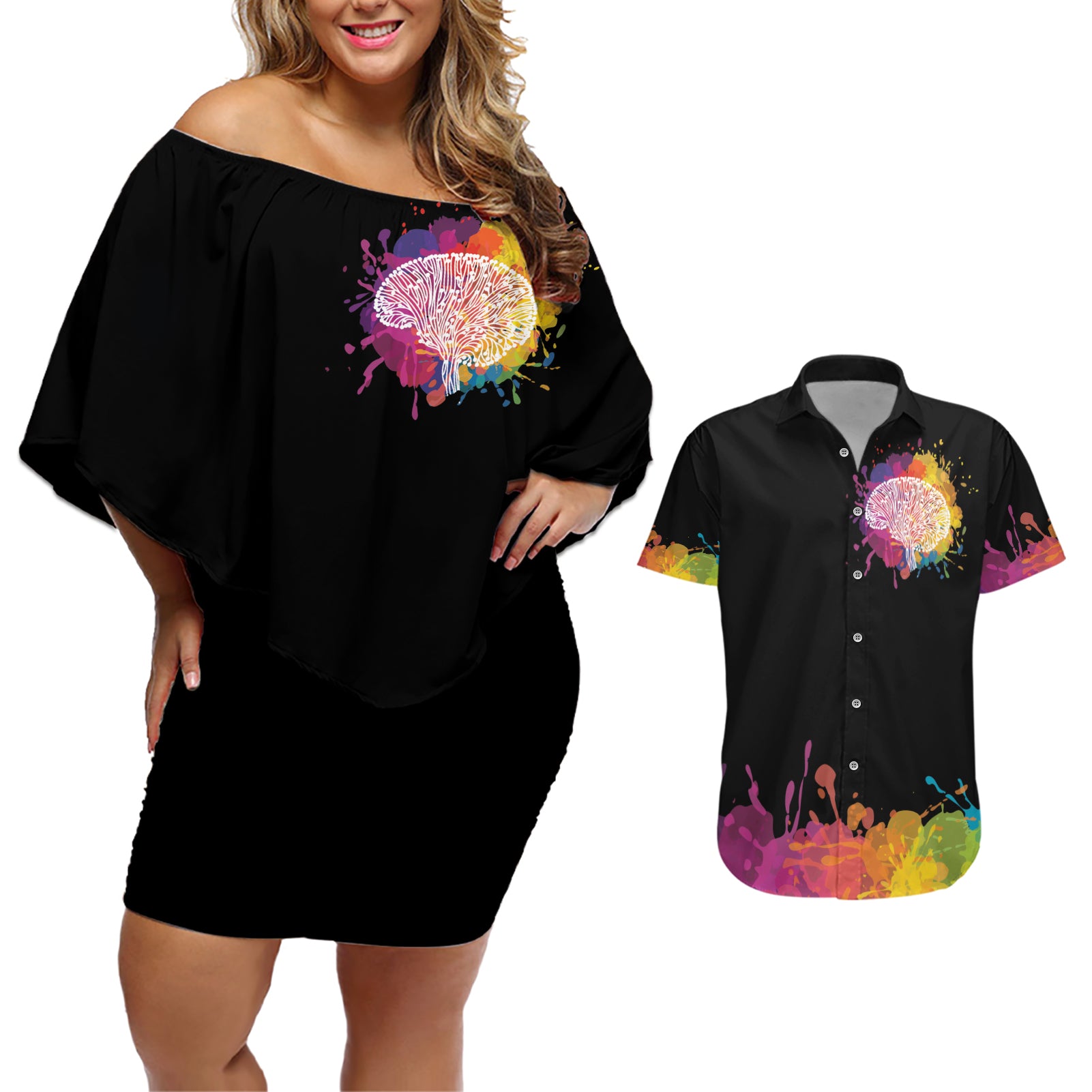 Autism Wired Differently Colors Splash Couples Matching Off Shoulder Short Dress and Hawaiian Shirt LT7 - Wonder Print Shop