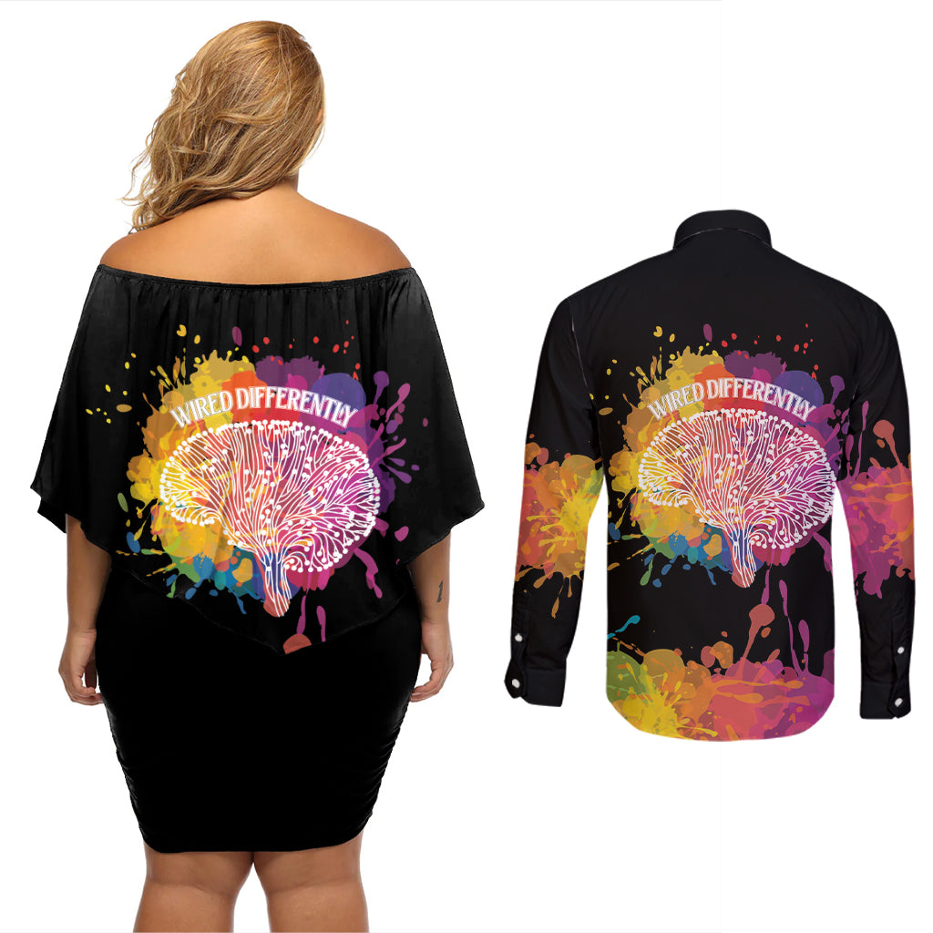 Autism Wired Differently Colors Splash Couples Matching Off Shoulder Short Dress and Long Sleeve Button Shirt LT7 - Wonder Print Shop