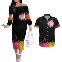 Autism Wired Differently Colors Splash Couples Matching Off The Shoulder Long Sleeve Dress and Hawaiian Shirt LT7 - Wonder Print Shop