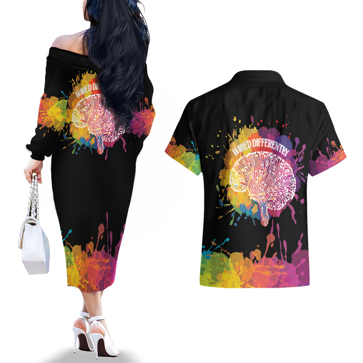 Autism Wired Differently Colors Splash Couples Matching Off The Shoulder Long Sleeve Dress and Hawaiian Shirt LT7 - Wonder Print Shop