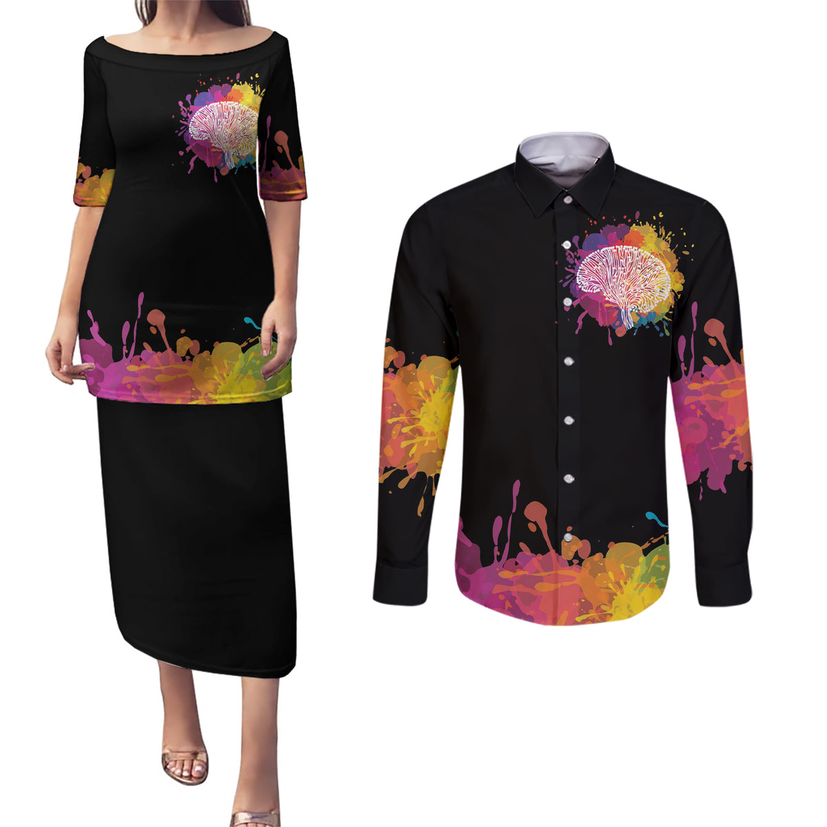 Autism Wired Differently Colors Splash Couples Matching Puletasi and Long Sleeve Button Shirt LT7 - Wonder Print Shop