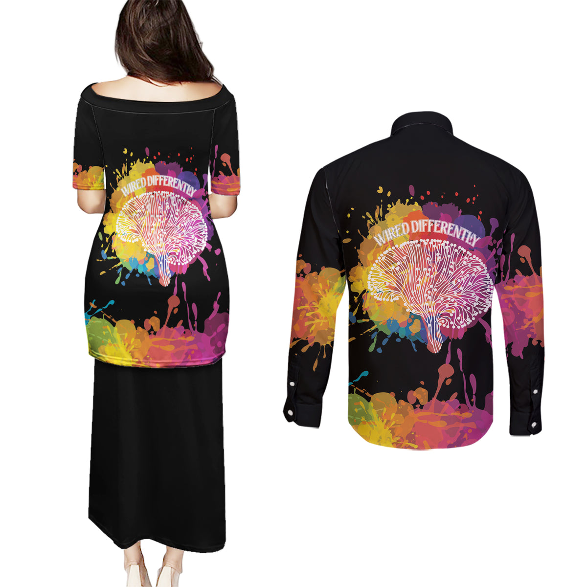 Autism Wired Differently Colors Splash Couples Matching Puletasi and Long Sleeve Button Shirt LT7 - Wonder Print Shop