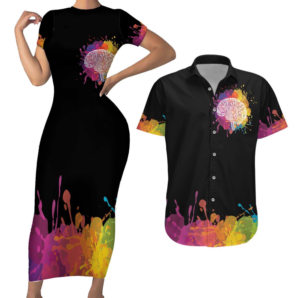 Autism Wired Differently Colors Splash Couples Matching Short Sleeve Bodycon Dress and Hawaiian Shirt LT7 - Wonder Print Shop