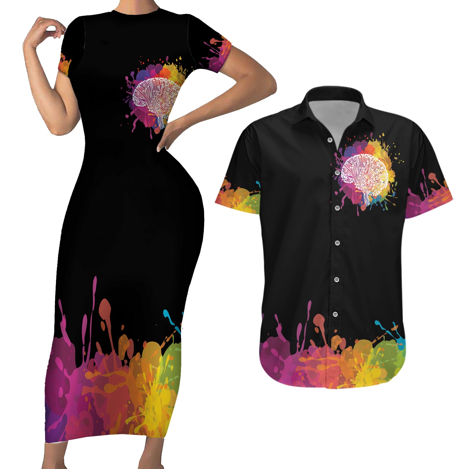 Autism Wired Differently Colors Splash Couples Matching Short Sleeve Bodycon Dress and Hawaiian Shirt LT7 - Wonder Print Shop