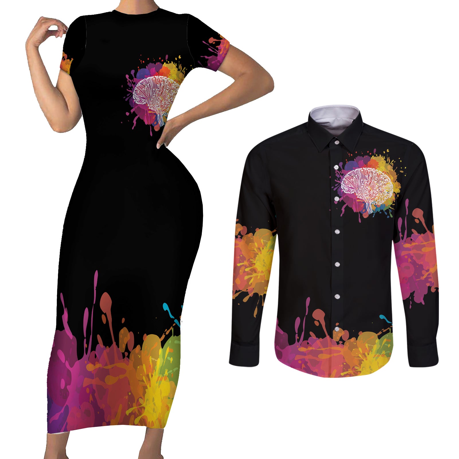 Autism Wired Differently Colors Splash Couples Matching Short Sleeve Bodycon Dress and Long Sleeve Button Shirt LT7 - Wonder Print Shop