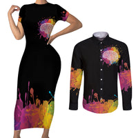 Autism Wired Differently Colors Splash Couples Matching Short Sleeve Bodycon Dress and Long Sleeve Button Shirt LT7 - Wonder Print Shop