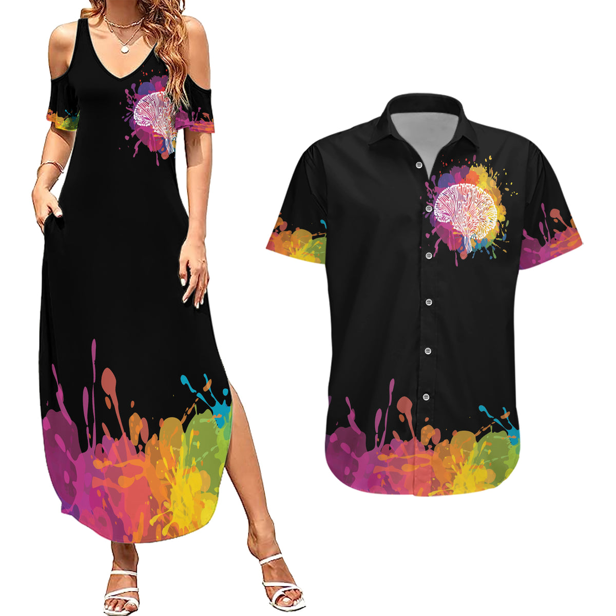 Autism Wired Differently Colors Splash Couples Matching Summer Maxi Dress and Hawaiian Shirt LT7 - Wonder Print Shop
