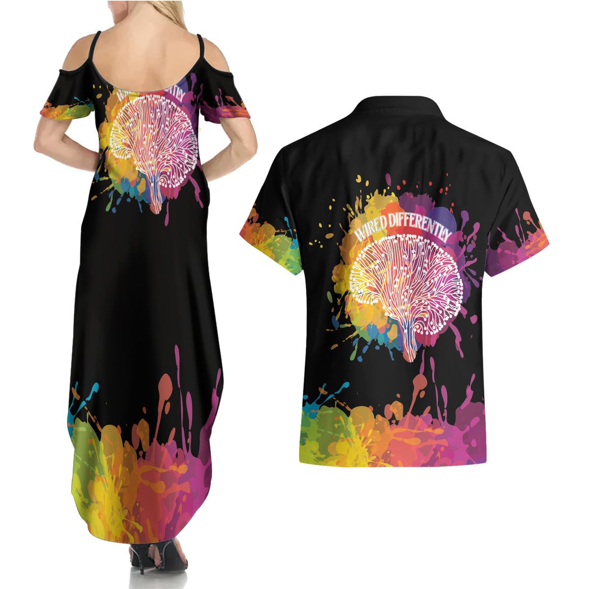 Autism Wired Differently Colors Splash Couples Matching Summer Maxi Dress and Hawaiian Shirt LT7 - Wonder Print Shop