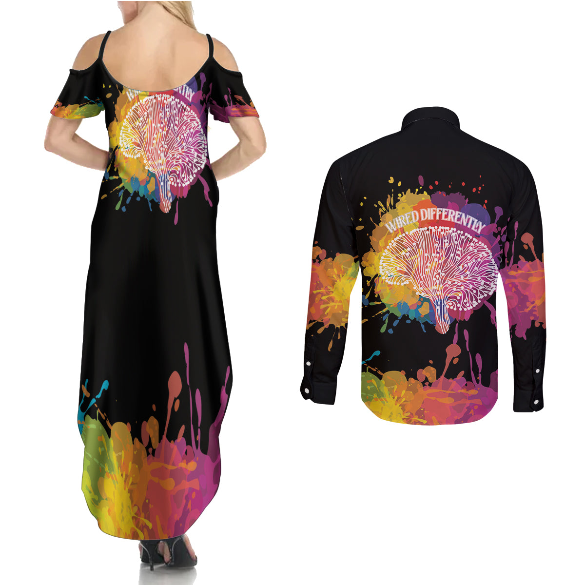 Autism Wired Differently Colors Splash Couples Matching Summer Maxi Dress and Long Sleeve Button Shirt LT7 - Wonder Print Shop