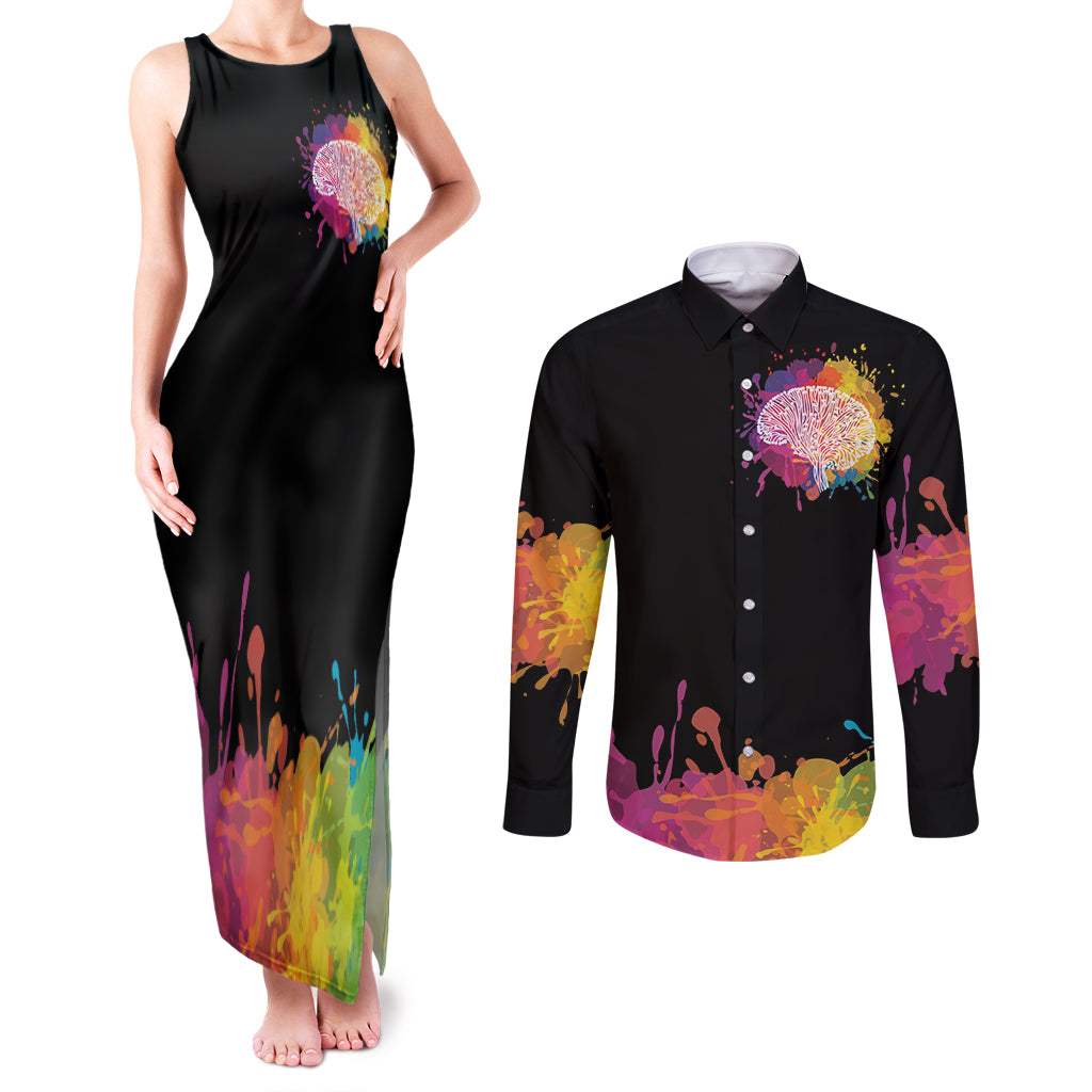 Autism Wired Differently Colors Splash Couples Matching Tank Maxi Dress and Long Sleeve Button Shirt LT7 - Wonder Print Shop