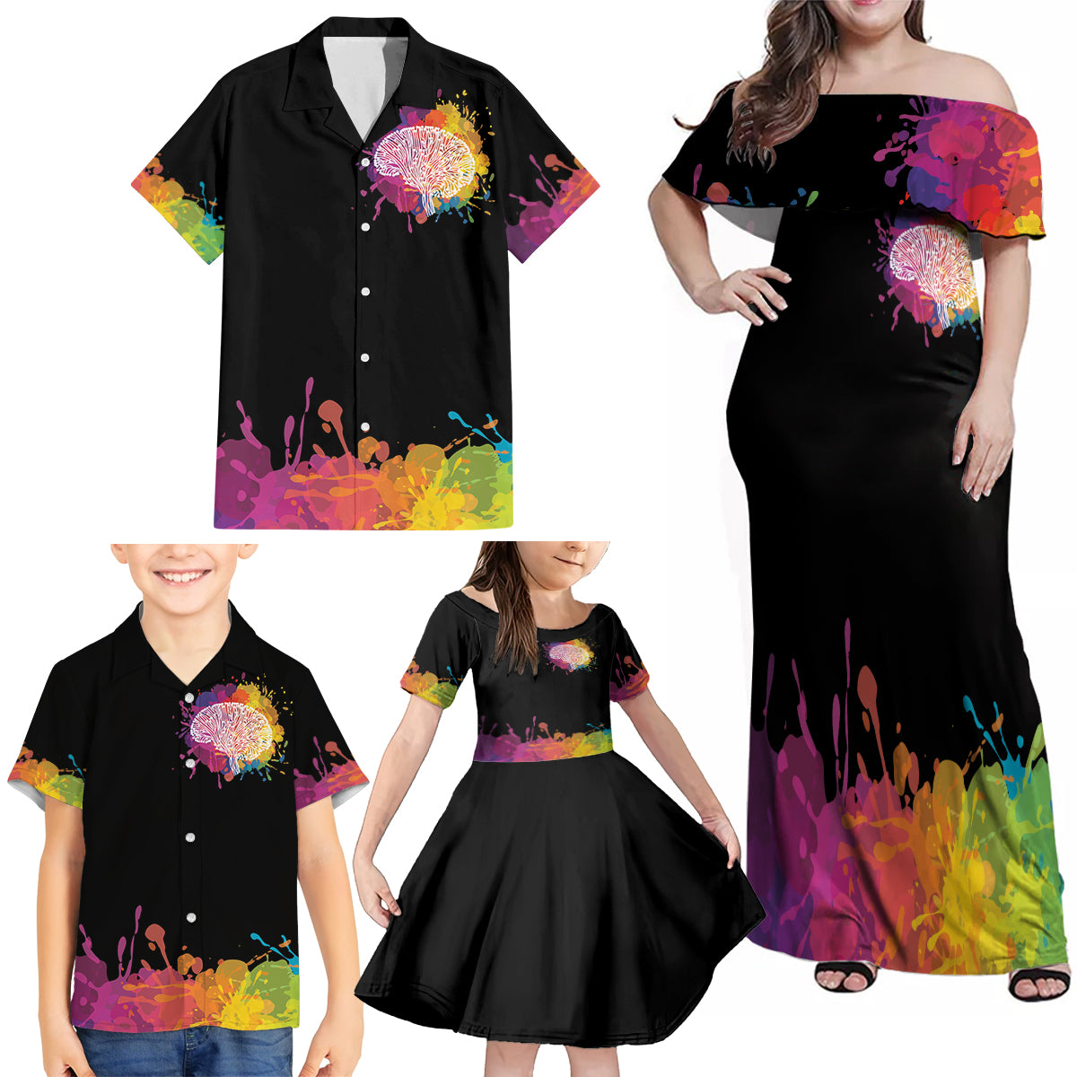 Autism Wired Differently Colors Splash Family Matching Off Shoulder Maxi Dress and Hawaiian Shirt LT7 - Wonder Print Shop