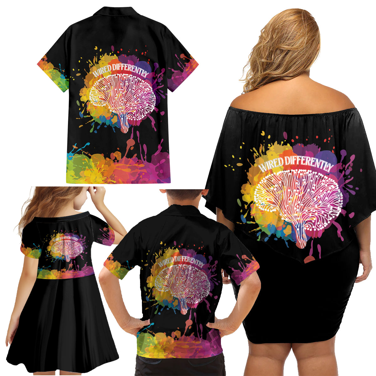 Autism Wired Differently Colors Splash Family Matching Off Shoulder Short Dress and Hawaiian Shirt LT7 - Wonder Print Shop
