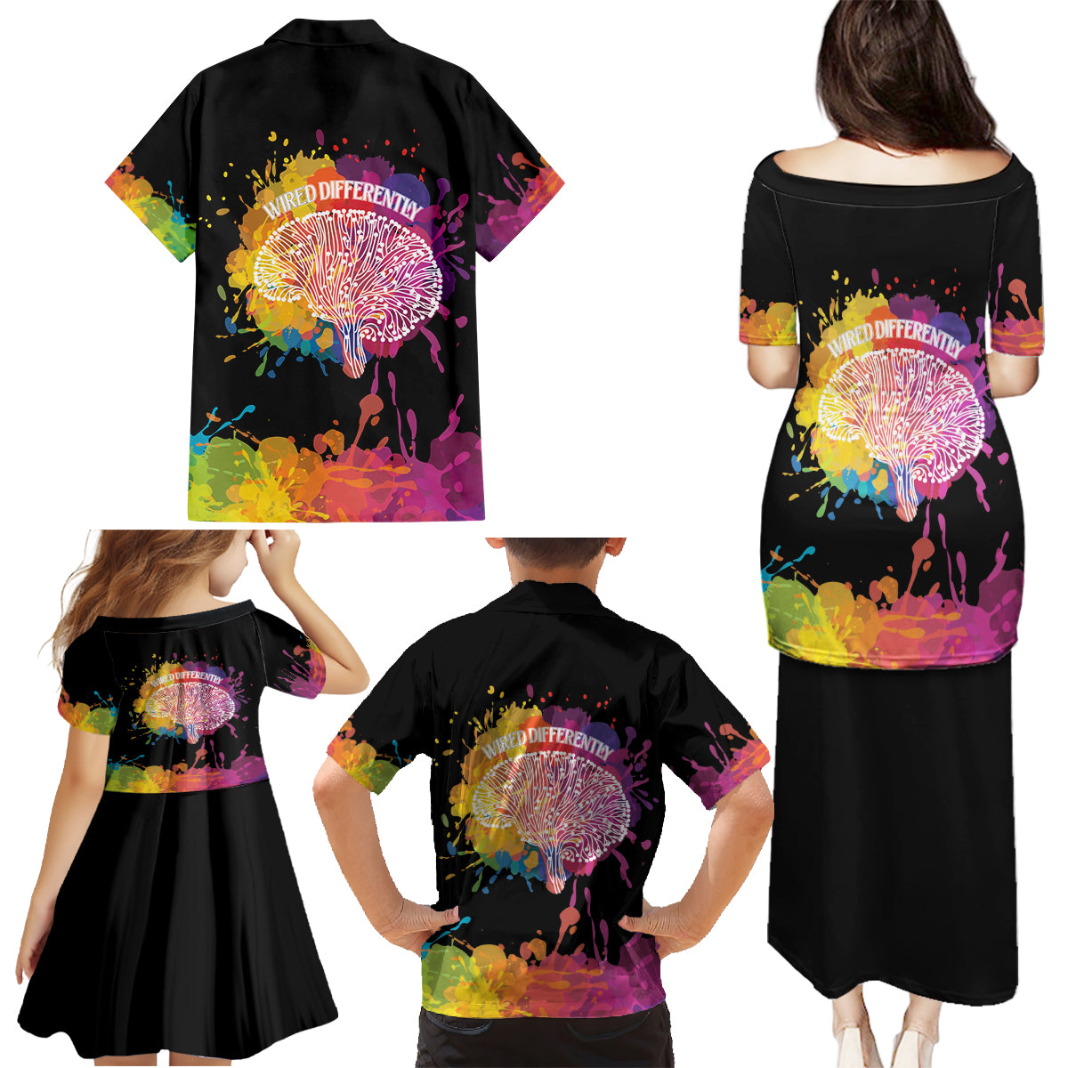 Autism Wired Differently Colors Splash Family Matching Puletasi and Hawaiian Shirt - Wonder Print Shop