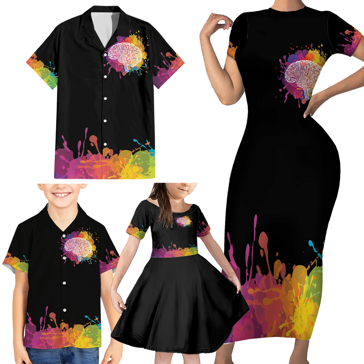 Autism Wired Differently Colors Splash Family Matching Short Sleeve Bodycon Dress and Hawaiian Shirt - Wonder Print Shop
