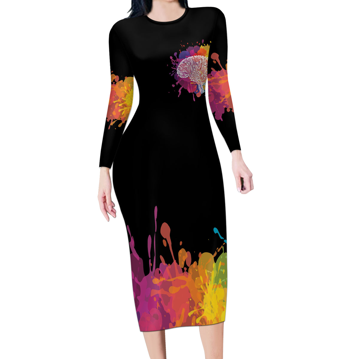 Autism Wired Differently Colors Splash Long Sleeve Bodycon Dress - Wonder Print Shop