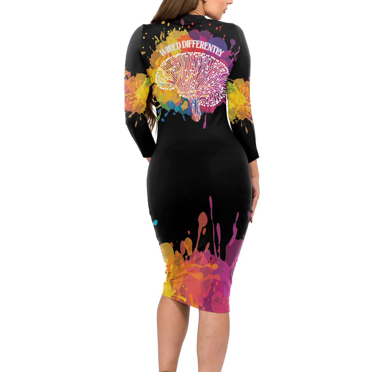 Autism Wired Differently Colors Splash Long Sleeve Bodycon Dress - Wonder Print Shop