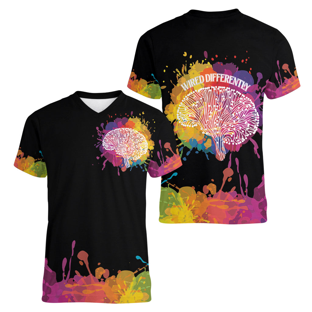 Autism Wired Differently Colors Splash Women V-Neck T-Shirt - Wonder Print Shop