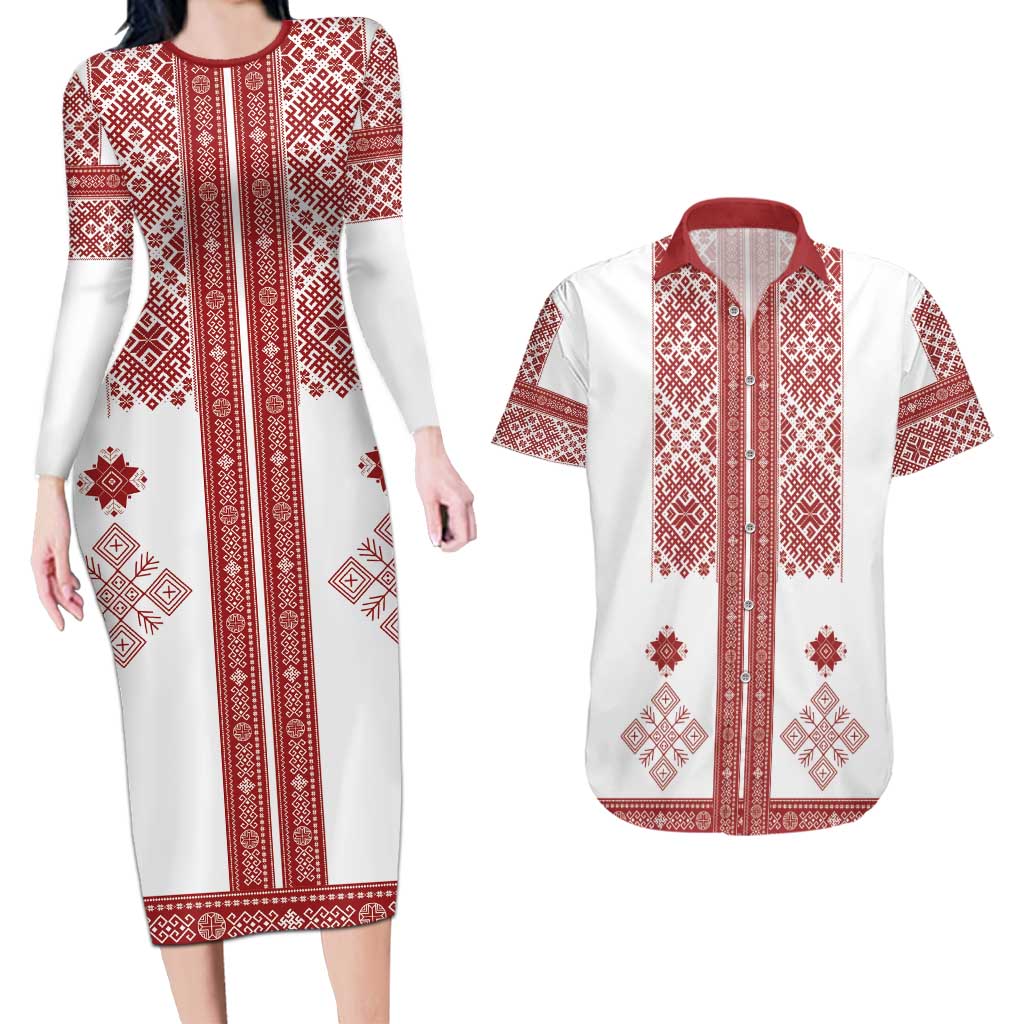 Latvia Jani Midsummer Couples Matching Long Sleeve Bodycon Dress and Hawaiian Shirt Red White Latvijas Auseklis