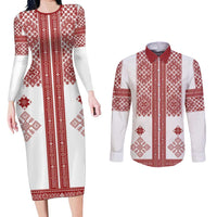 Latvia Jani Midsummer Couples Matching Long Sleeve Bodycon Dress and Long Sleeve Button Shirt Red White Latvijas Auseklis