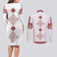 Latvia Jani Midsummer Couples Matching Long Sleeve Bodycon Dress and Long Sleeve Button Shirt Red White Latvijas Auseklis