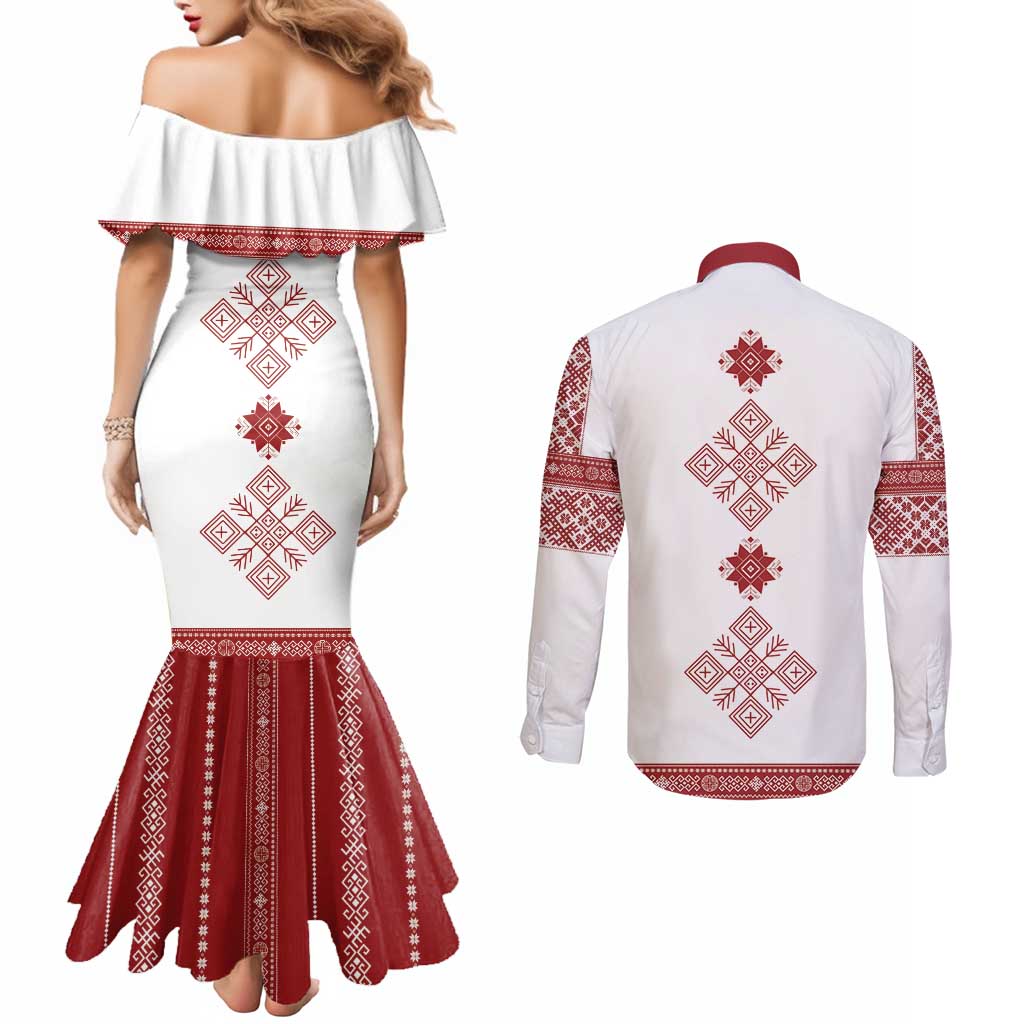 Latvia Jani Midsummer Couples Matching Mermaid Dress and Long Sleeve Button Shirt Red White Latvijas Auseklis