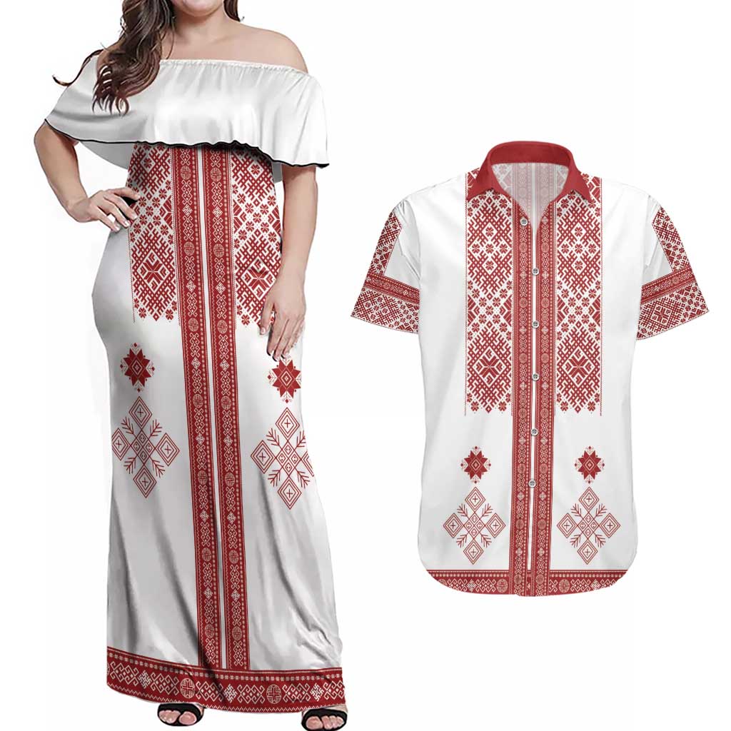 Latvia Jani Midsummer Couples Matching Off Shoulder Maxi Dress and Hawaiian Shirt Red White Latvijas Auseklis