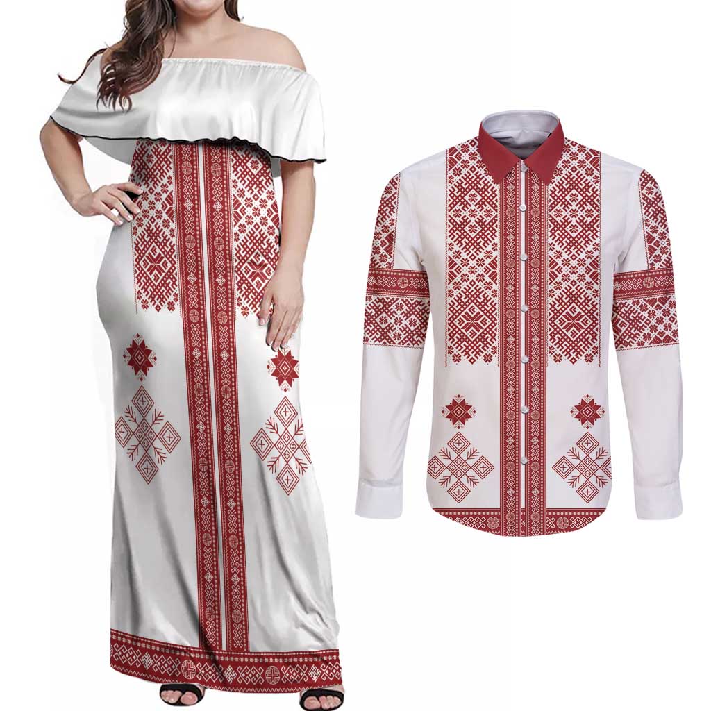 Latvia Jani Midsummer Couples Matching Off Shoulder Maxi Dress and Long Sleeve Button Shirt Red White Latvijas Auseklis