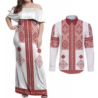 Latvia Jani Midsummer Couples Matching Off Shoulder Maxi Dress and Long Sleeve Button Shirt Red White Latvijas Auseklis