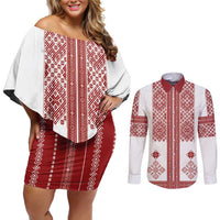 Latvia Jani Midsummer Couples Matching Off Shoulder Short Dress and Long Sleeve Button Shirt Red White Latvijas Auseklis