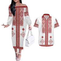 Latvia Jani Midsummer Couples Matching Off The Shoulder Long Sleeve Dress and Hawaiian Shirt Red White Latvijas Auseklis