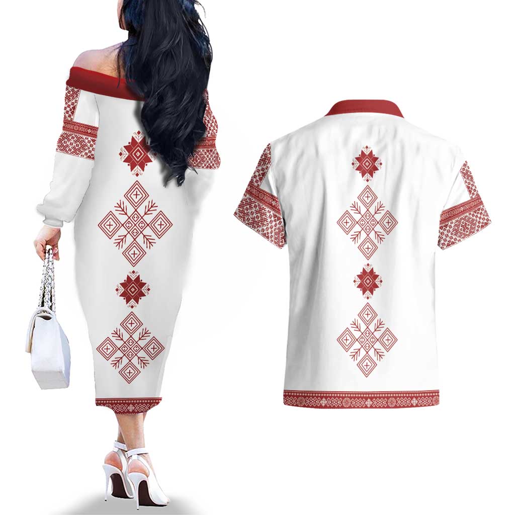 Latvia Jani Midsummer Couples Matching Off The Shoulder Long Sleeve Dress and Hawaiian Shirt Red White Latvijas Auseklis