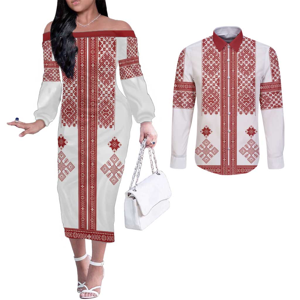 Latvia Jani Midsummer Couples Matching Off The Shoulder Long Sleeve Dress and Long Sleeve Button Shirt Red White Latvijas Auseklis