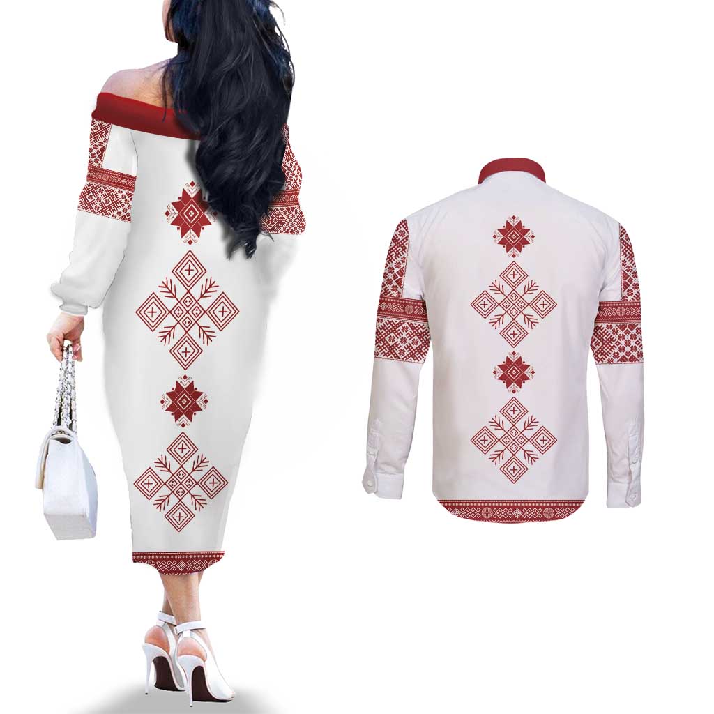 Latvia Jani Midsummer Couples Matching Off The Shoulder Long Sleeve Dress and Long Sleeve Button Shirt Red White Latvijas Auseklis