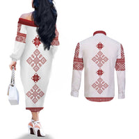 Latvia Jani Midsummer Couples Matching Off The Shoulder Long Sleeve Dress and Long Sleeve Button Shirt Red White Latvijas Auseklis